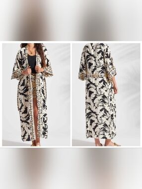 XIX Palms Tribal Wailea Black White Yellow Tropical Kimono Style Belted Robe